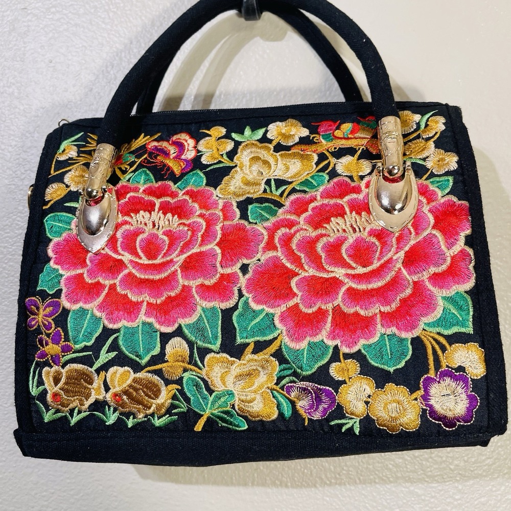 Embroidered Purse Floral Peony Vibrant Pink Yellow Black Canvas Gold Detail Boho